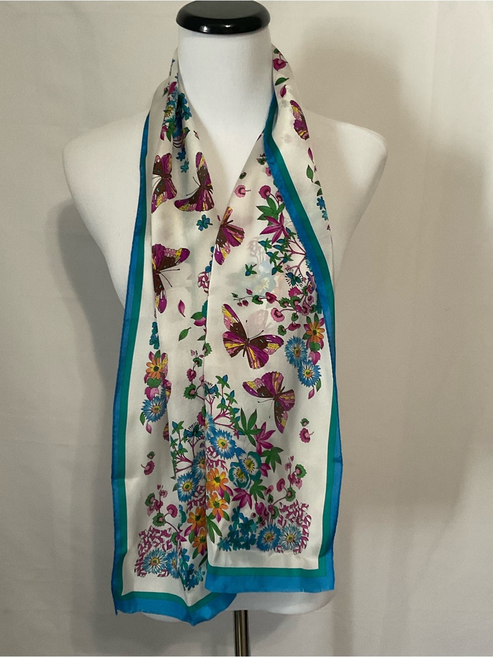 Worthington Bright Colored Floral and Butterfly Oblong Silk Scarf